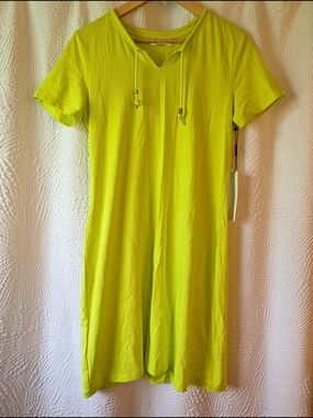 Calvin Klein Neon Yellow/Green Short-Sleeve V-Neck Dress with Drawstring
